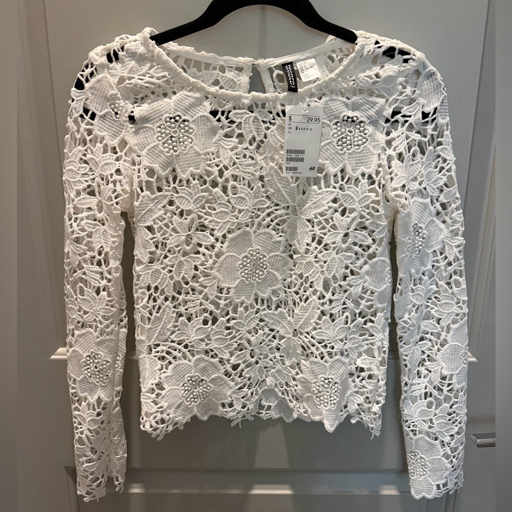NWT H&M Divided White Floral Lace Sheer Long Sleeve Top Size 2